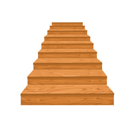 Wooden staircase on white isolated background. Cartoon staircase for a castle or an old house. Steps up. Vector illustration.のイラスト素材