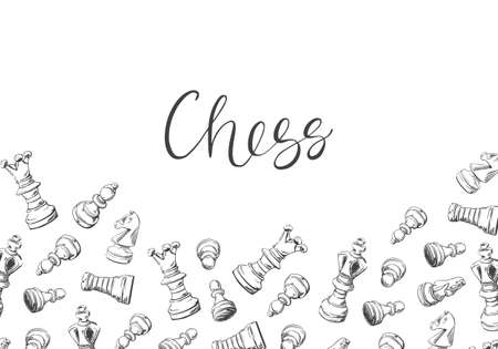 Banner with chess pieces. Background of the intellectual game. Hand-drawn vector illustration for a chess club, tournaments banner, frame, brochure background.のイラスト素材