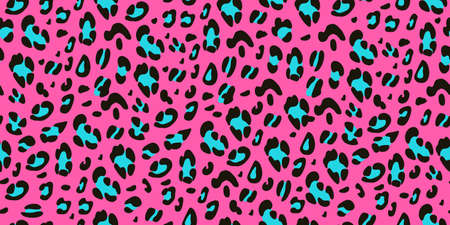 Leopard pink, black and blue seamless pattern. Animalistic hand-drawn background. Vector illustration.のイラスト素材