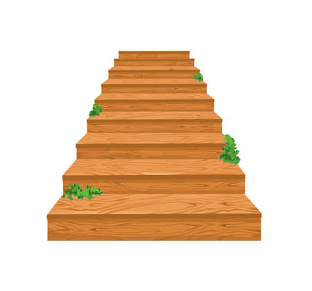 Wooden staircase leading up with sprouted greenery. Cartoon staircase for a castle or an old house. Steps up. Vector illustrationのイラスト素材