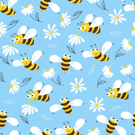 Daisy and bee seamless pattern. Flowers and cartoon bees on a blue background. Vectorのイラスト素材