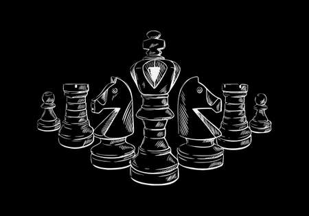 Chess pieces in sketch style on a black isolated background. . Hand-drawn vector illustration.のイラスト素材