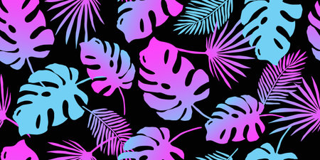Exotic fluorescent with palm leaves seamless pattern. vector wallpaper. Tropical neon gradient...