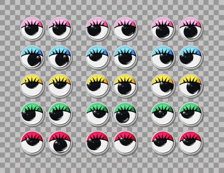 Funny plastic toy eyes with eyelashes and multicolored eyelids set. Animate. Vector cartoon illustration on an isolated white background.のイラスト素材