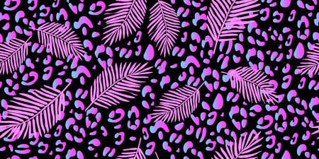 Exotic fluorescent palm leaves and leopard texture seamless pattern. Tropical neon gradient background. Futuristic digital. Vector wallpaper.のイラスト素材