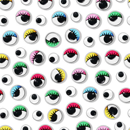 Multicolored plastic toy eyes seamless pattern on white insulated background. Various safe parts. Vector cartoon illustration.のイラスト素材