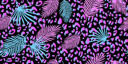 Exotic fluorescent palm leaves and leopard texture seamless pattern. Vector wallpaper. Tropical neon gradient background. Futuristic digital. Vector wallpaper.のイラスト素材