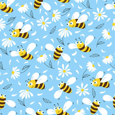Daisy and bee seamless pattern. Flowers and cartoon bees on a blue background. Vectorのイラスト素材