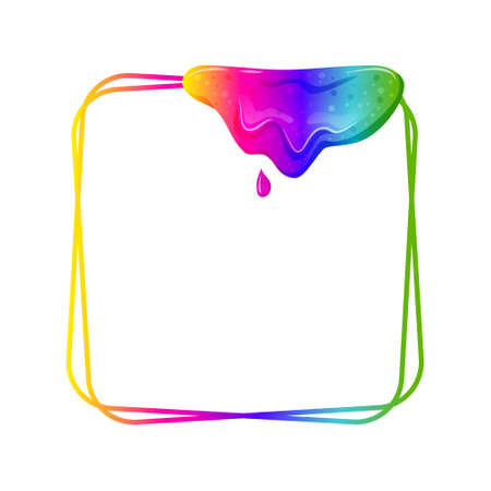 Flowing rainbow slime square frame. Dripping toxic viscous liquid on a black background. Vector cartoon illustration.のイラスト素材