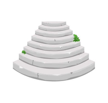Round Old stone staircase with sprouted greenery on a white isolated background. For the house and the old castle. Vector illustration of a cartoonのイラスト素材
