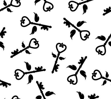 Keys with wings is in the form of a heart seamless background. Vintage flying key. Vector illustration.のイラスト素材