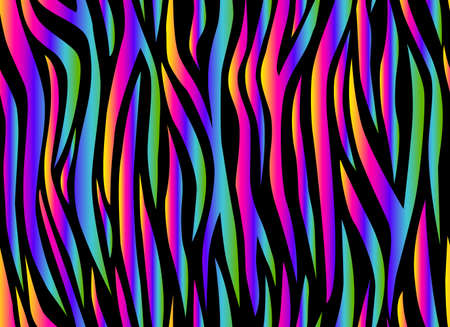 Zebra rainbow abstract seamless pattern. Neon gradient lines on a black background. Colorful stripes, repeating background. Vector printing for fabrics, posters, banners.のイラスト素材