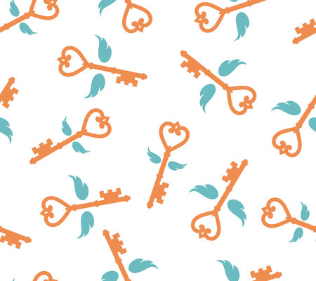 Keys with wings is in the form of a heart seamless background. Vintage flying key. Vector illustration.のイラスト素材