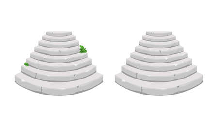 Round Old stone staircase with sprouted greenery on a white isolated background. For the house and the old castle. Vector illustration of a cartoon.のイラスト素材