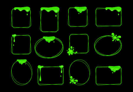 Flowing green slime set of frames. Viscous dripping liquid. Vector cartoon illustration.のイラスト素材