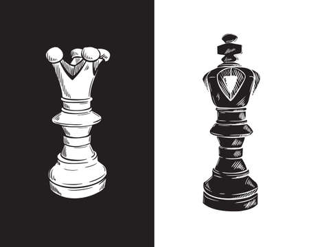 Queen and king chess piece in the sketch style. Vector hand-drawn illustration.のイラスト素材