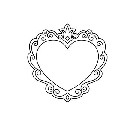 Princess heart frame. Royal mirror frame and majestic prince doodle border. Cute crown border. Outline vector illustration.のイラスト素材