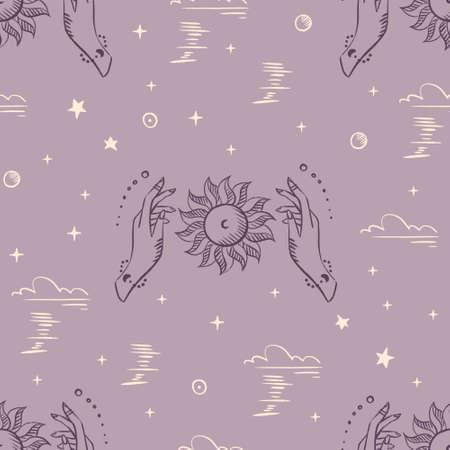 Magical seamless pattern with the sun, stars, moon. Alchemical cosmos. Celestial pattern. Vector hand-drawn background.のイラスト素材