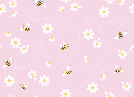 Daisy and bee seamless pattern. Flowers and cartoon bees, hearts on a pink background. Vector.のイラスト素材
