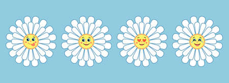 Camomile, daisy flowers characters set. illustration for nature design. Vector collection cute cartoon style icon.のイラスト素材