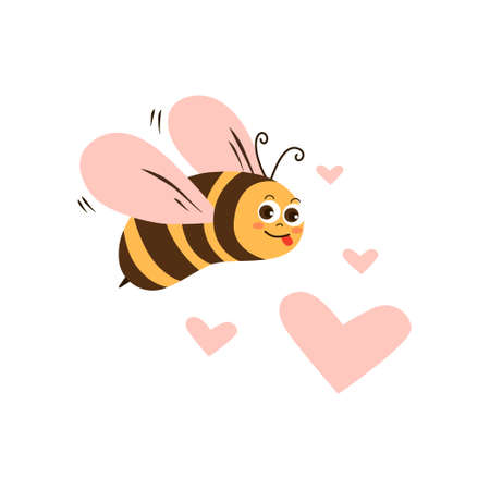 Cute bee character with pink hearts. Vector cartoon illustration.のイラスト素材