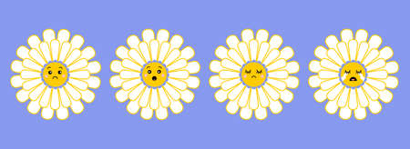 Camomile, daisy flowers characters set. illustration for nature design. Vector collection cute cartoon style icon.のイラスト素材