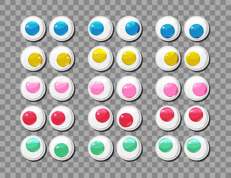 Multicolored funny plastic eyes for toys, puppet and dolls character on a transparent background. Round colorful eyeballs big vector set. Cartoon design craft and sewing design elements.のイラスト素材