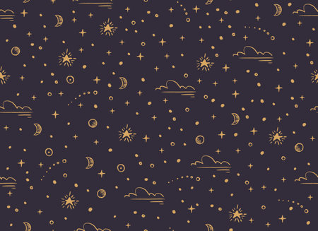 Magical seamless pattern with the stars, moon. Alchemical cosmos. Celestial pattern. Vector hand-drawn background.のイラスト素材