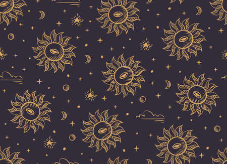 Magical seamless pattern with the sun, stars, moon. Alchemical cosmos. Celestial pattern. Vector hand-drawn background.の写真素材