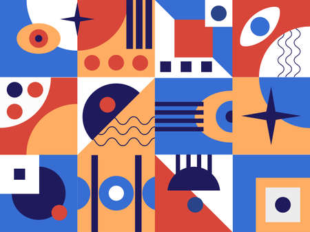 Bauhaus poster template with geometric colorful vivid eye pattern. Futuristic vector background. Abstract universal brochure in swiss retro minimal style.のイラスト素材