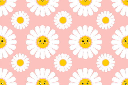 Cute smiling daisy flower seamless pattern. Chamomile with happy emotion.illustration for nature...