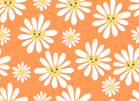 Cute smiling daisy flower seamless pattern. Chamomile with happy emotion.illustration for nature design. Vector cartoon background.のイラスト素材