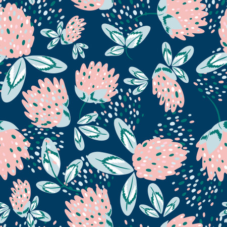 Cute clover flowers with leaves seamless pattern. Floral vector pastel background. Ideal for printing on fabric.のイラスト素材
