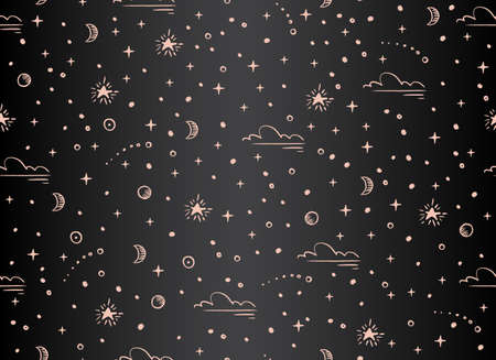 Magical seamless pattern with the stars, moon. Alchemical cosmos. Celestial pattern. Vector hand-drawn background.のイラスト素材