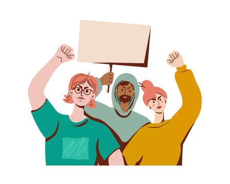 Young people at a street demonstration. Man holds a poster. Political revolution. Vector flat illustration.のイラスト素材