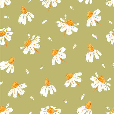 Daisies and petals seamless pattern. Chamomile flowers. Ideal for printing on fabric and paper. Vector background.のイラスト素材