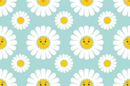 Cute smiling daisy flower seamless pattern. Chamomile with happy emotion.illustration for nature design. Vector cartoon background.のイラスト素材