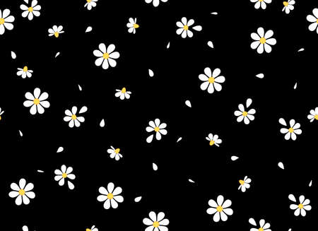 Daisies and petals on a black background seamless pattern. Ideal for printing on fabric and paper.Chamomile flowers. Vector background.のイラスト素材
