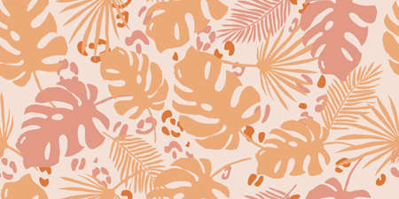 Tropical leaves seamless pattern.Neutral botanical background. Leopard spots. Sun-scorched leaves. Vector pattern for printing on fabric and paper.のイラスト素材
