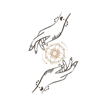 Magic hands with sun. Celestial and mystical sun for branding  cosmetics and beauty products. Esoteric and mystical design elements. Hand drawn Vector illustration.のイラスト素材