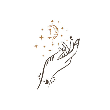 Magic hand with moon. Celestial and mystical moon for branding cosmetics and beauty products. Esoteric and mystical design elements.Hand drawn Vector illustration.のイラスト素材
