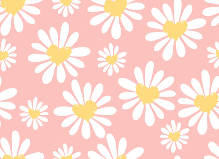 Daisies and hearts seamless pattern. Chamomile flowers. Vector background.のイラスト素材