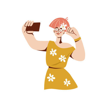 Young woman takes selfie with flower. Happy girl is being photographed. Vector cartoon illustration.のイラスト素材