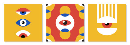 Minimal geometric design of the 20s with eyes. Bauhaus eye. Abstract vector template with elements of primitive forms, modern hipster style.のイラスト素材