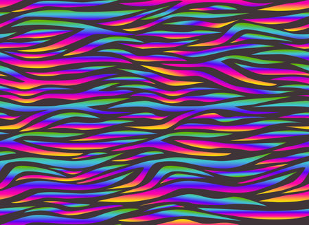 Zebra rainbow abstract seamless pattern. Neon gradient lines on a black background. Colorful stripes, repeating background. Vector printing for fabrics, posters, banners.のイラスト素材