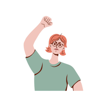 Young man at a street demonstration. Political revolution. Protest. Vector flat illustration.のイラスト素材