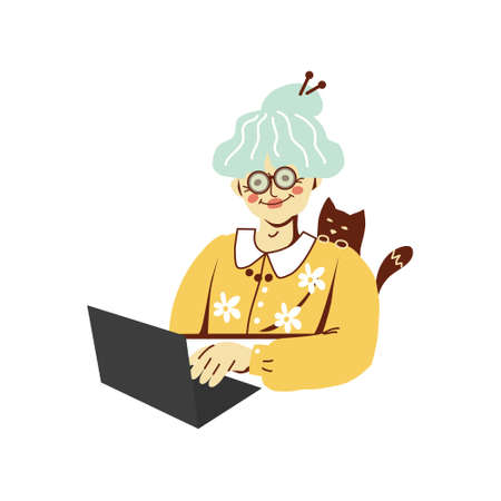Cute old woman is reading an article on a laptop computer at home. Grandma is engaged in online education. Web courses, modern technologies and old ones. Vector illustration in a flat style.のイラスト素材