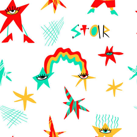 Stars and rainbow seamless pattern. Multicolored abstract background. Children drawing. For printing on fabric and paper. Vector illustration.のイラスト素材