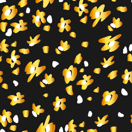 Golden leopard on black background seamless pattern. Abstract flower spots. Animalistic vector background.のイラスト素材