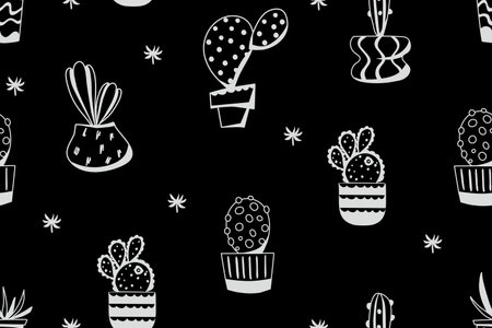 Cacti seamless pattern on a black background. Vector background with desert plants. Doodle illustration.のイラスト素材